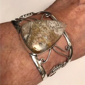 Mexican Laguna Lace Agate Stamped 925 Sterling Silver Cuff Bracelet